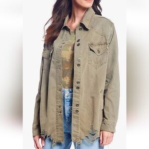 FREE PEOPLE Moonchild Denim Shirt Jacket Shacket Green Oversized XS Distressed